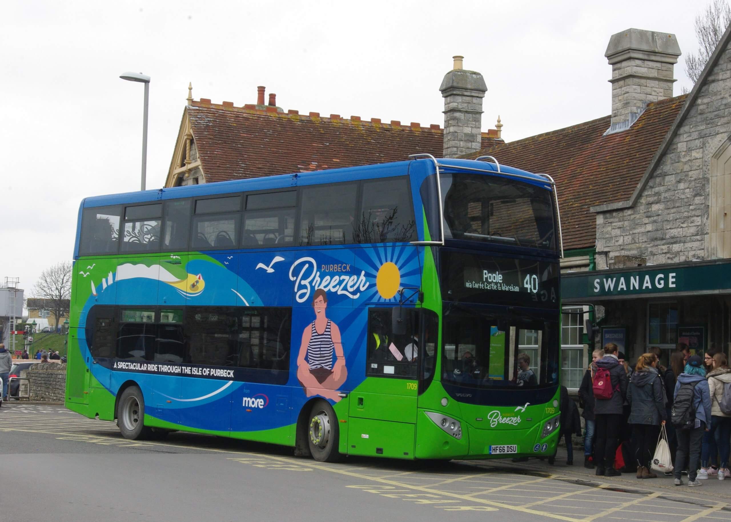Purbeck Breezer bus outside Swanage station