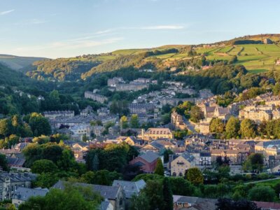 Panoramic photograph of Hebden Bridge, a small market town in West Yorkshire, England.